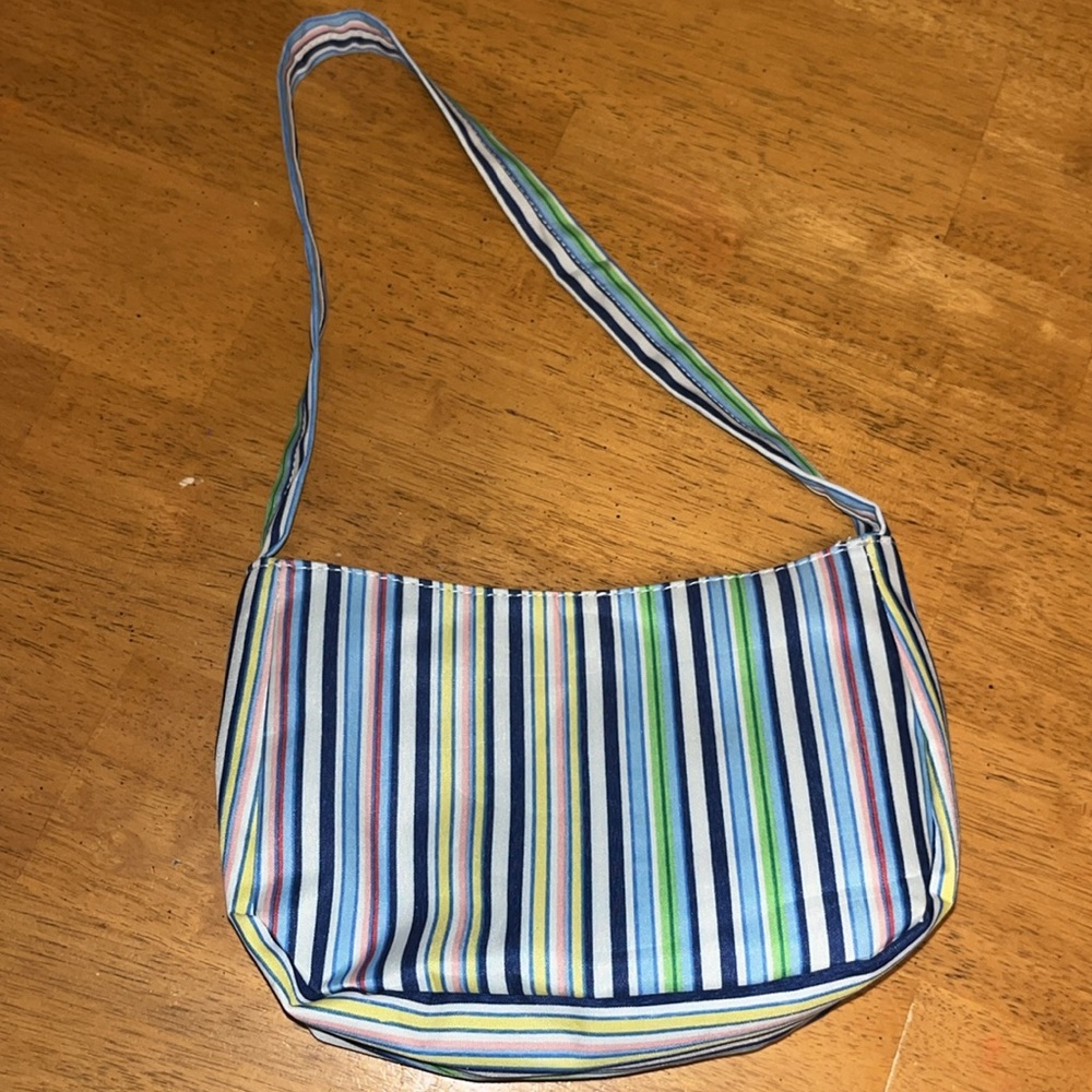 Striped Multicolor Pastel Blue White Green Pink Yellow Zippered Shoulder Bag - Picture 3 of 13